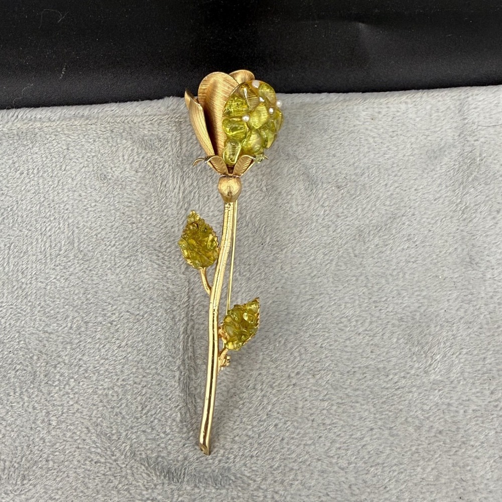 Vintage Estate Flower Brooch Gold Green Fused Glass Faux Pearl Long 4in